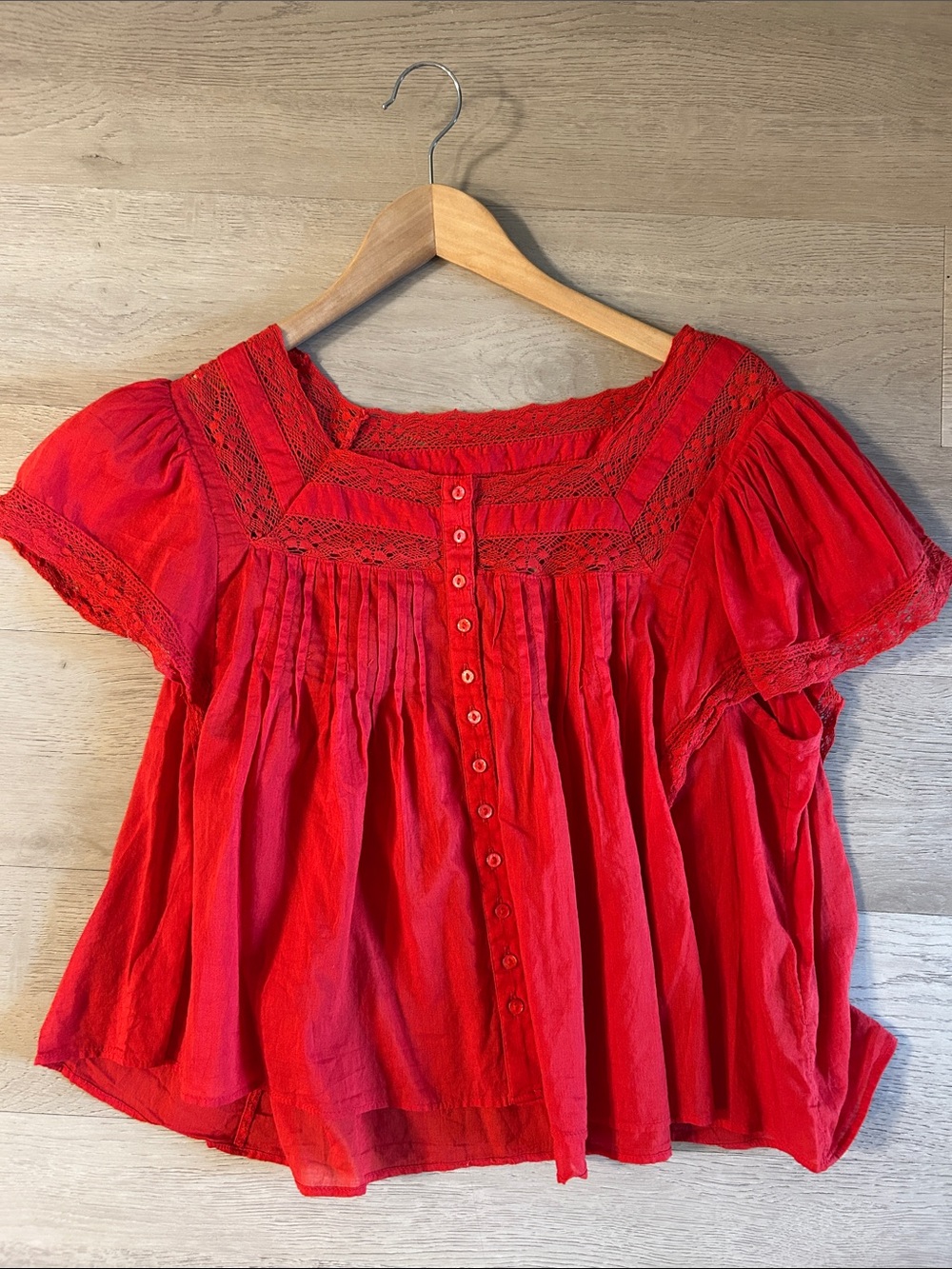 Free People Vibrant Red Button-Front Peasant Top